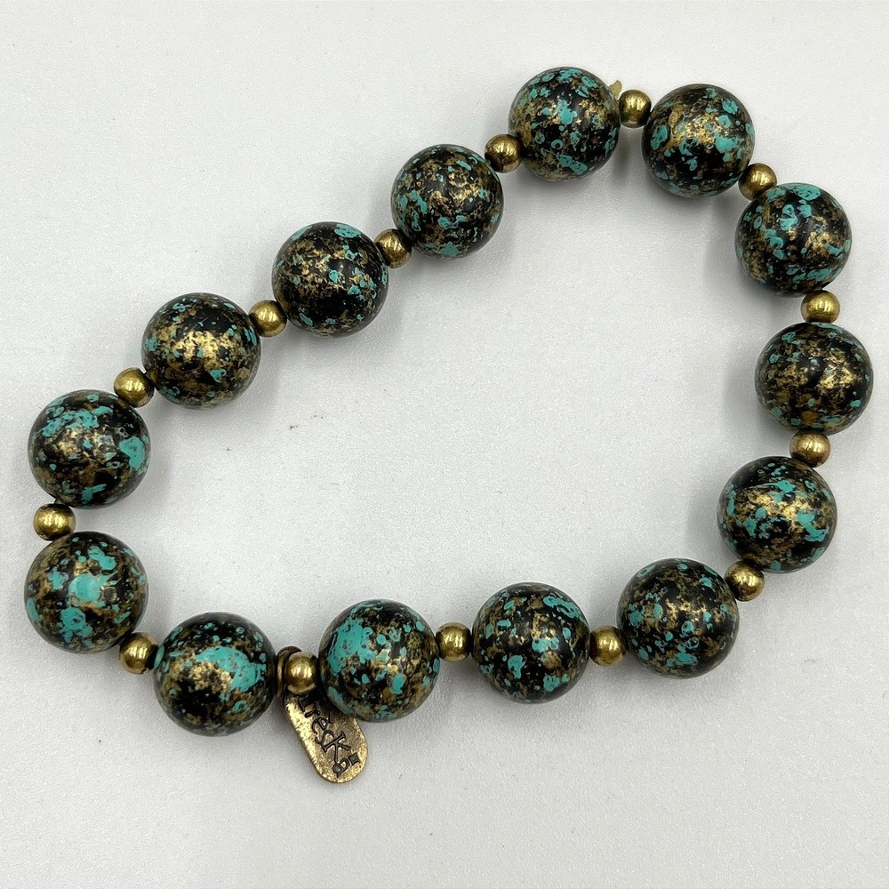 Vintage Treska Boho Stretch Bracelet Marbled Blue Gold Speckled Beaded Classic